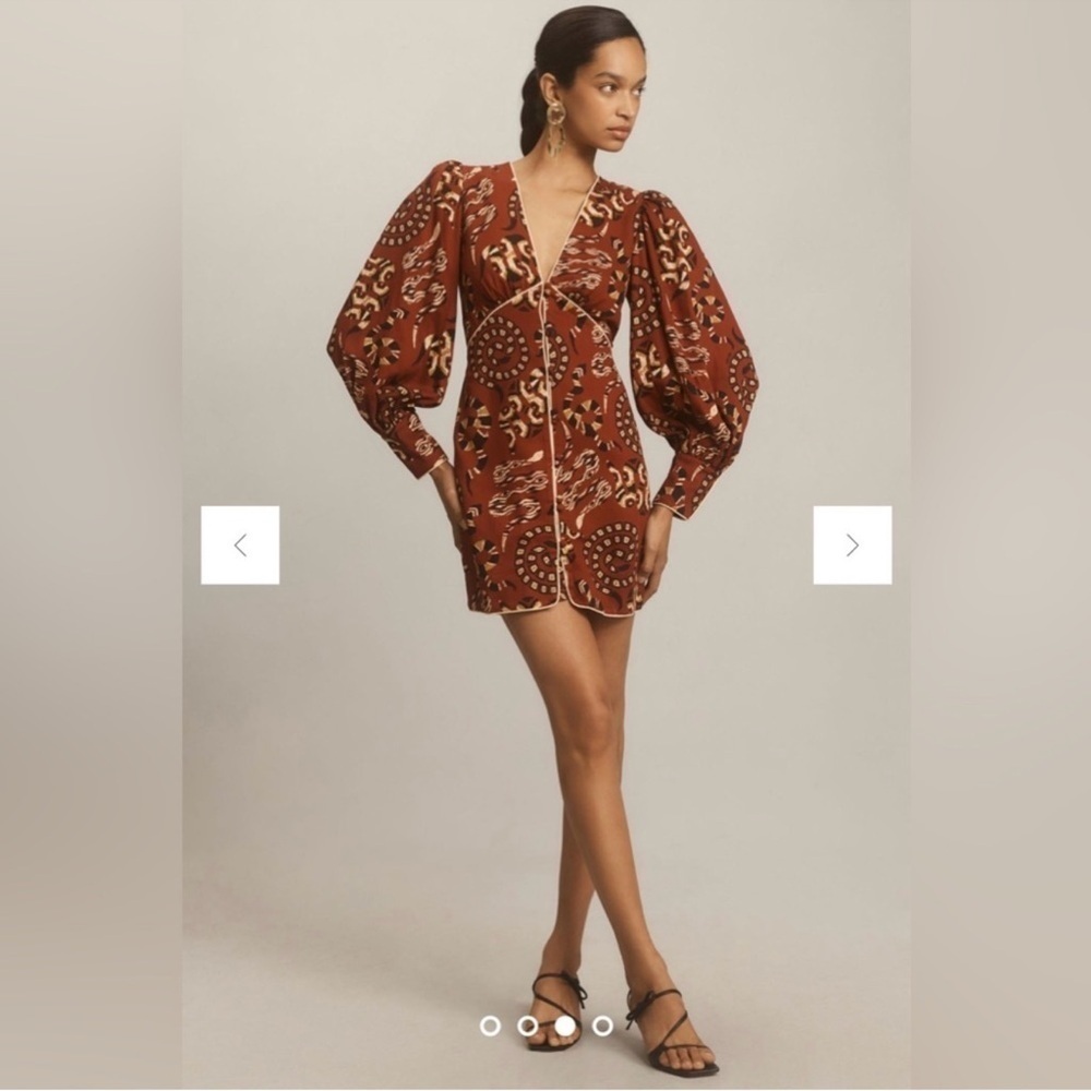 Farm Rio Long-Sleeve V-Neck Mini Burgundy Dress